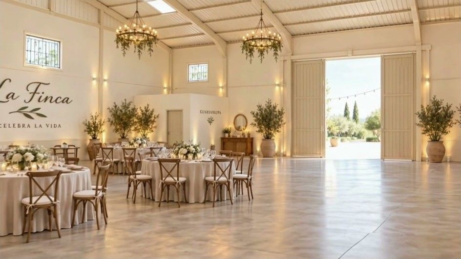 La nave recreada como salón de boda, con mesas, lámparas y olivos