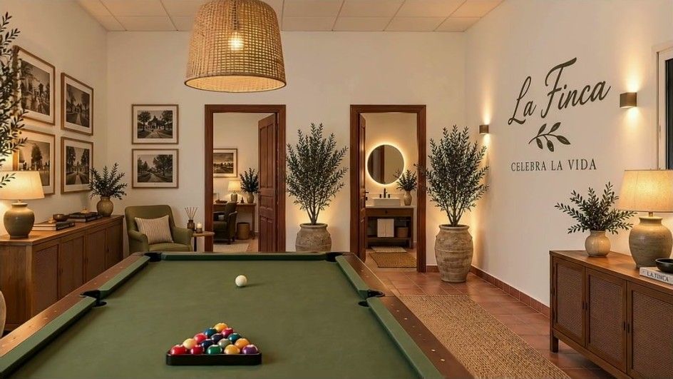 La sala recreada con el billar, lámparas, cuadros y el logotipo