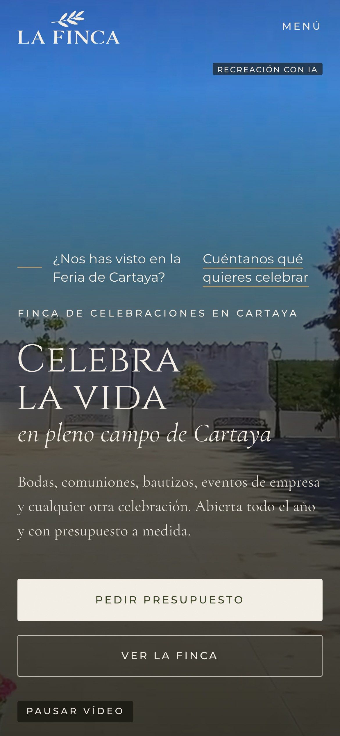 Portada de lafincaeventos.com en el móvil, con el mensaje «¿Nos has visto en la Feria de Cartaya?» y el botón «Pedir presupuesto»